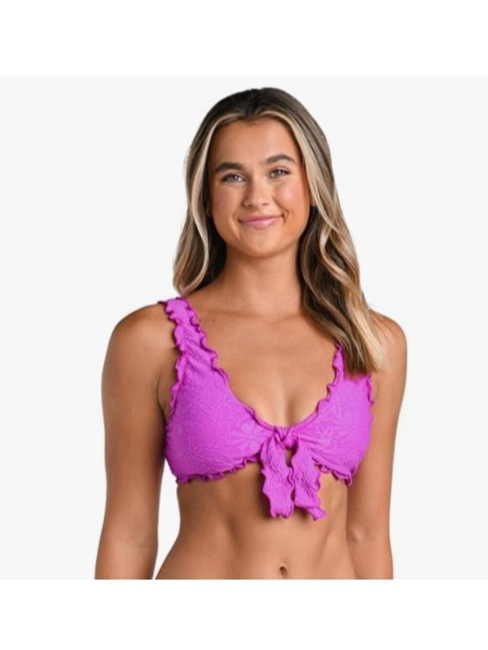 Hobie Womens Violet Ruffle Bralette Bikini Top XL Floral Texture Tie Front